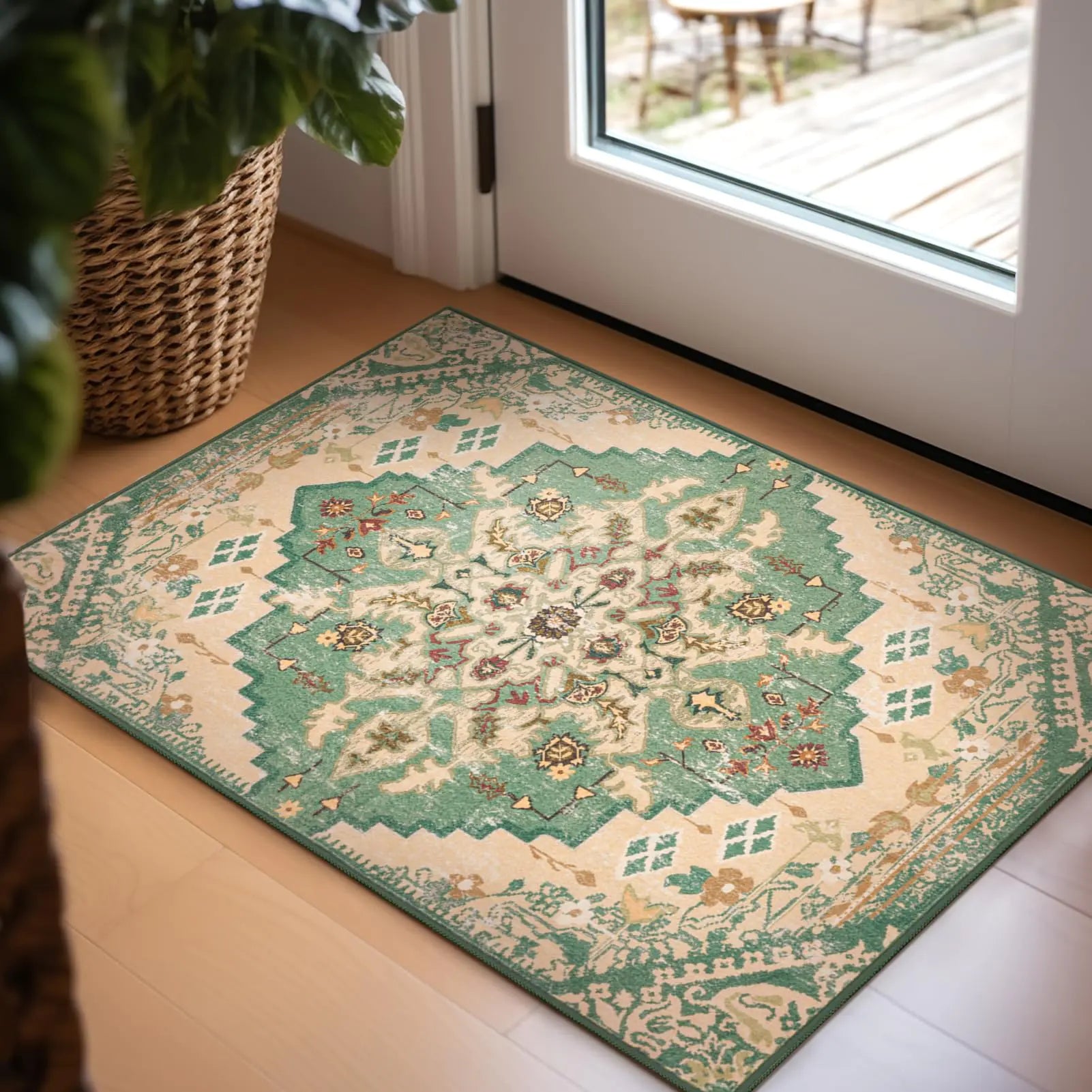 Ashler 2x3 Vintage Entryway Rugs Ultra-Thin Boho Rugs for Entryway Bedroom Kitchen Green/Beige Home Decor Low-Pile Non-Slip & Machine Washable Rugs Moroccan Small Carpet Decoration