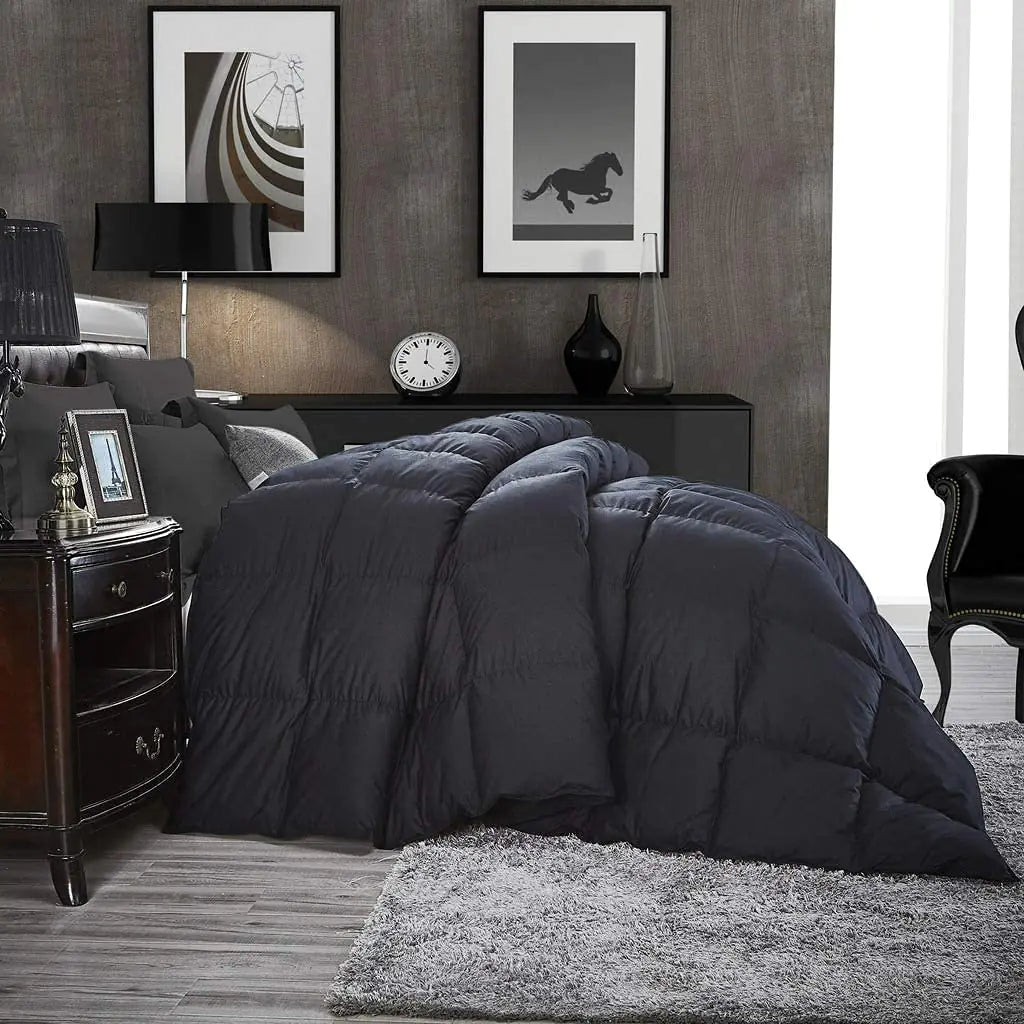 Luxurious Palatial King Size Goose Down Feather Fiber Comforter Duvet Insert 100% Egyptian Cotton Cover 90 oz. Fill Weight Comforter (Palatial King Black Solid)