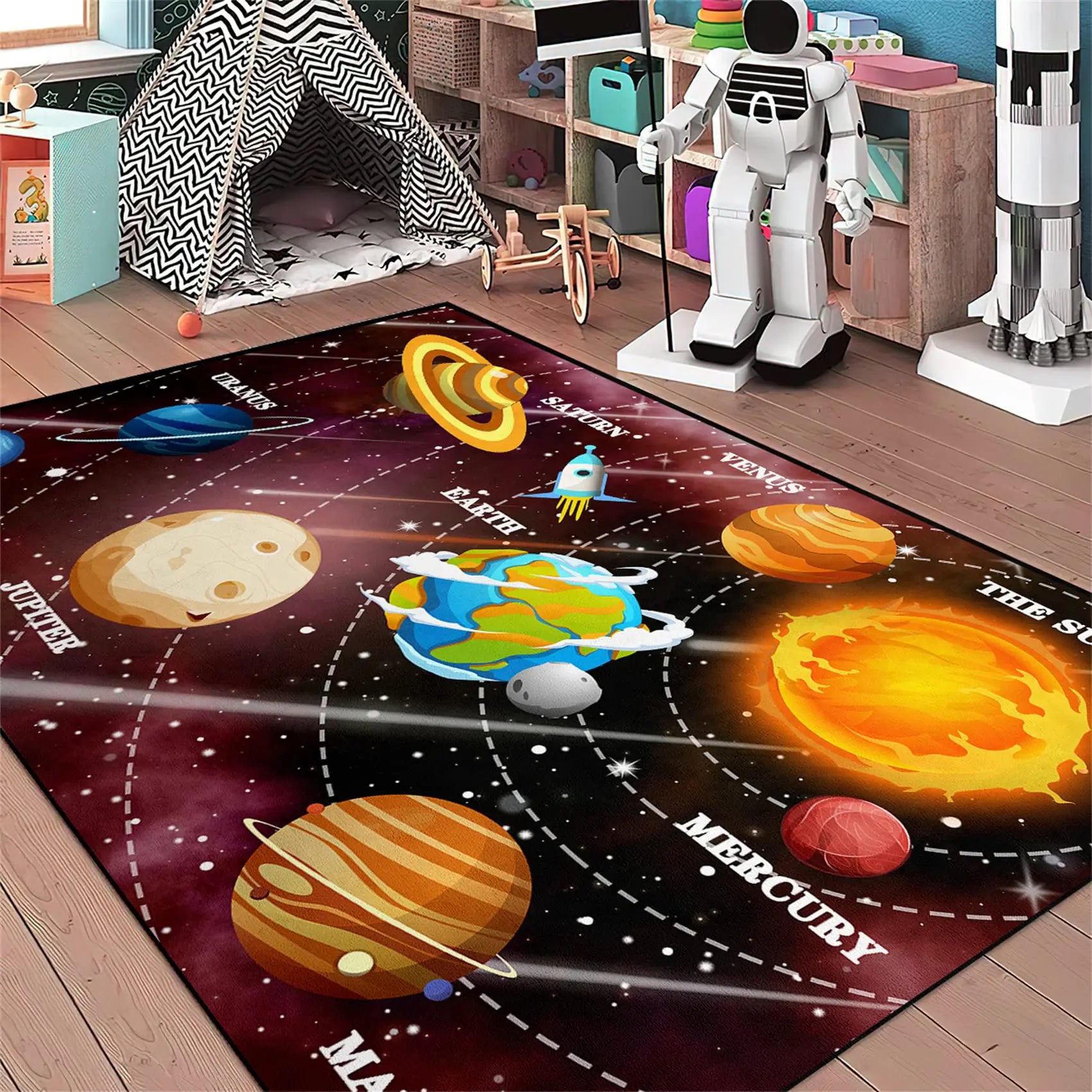 Space Rugs Educational Learning Black Large Size Solar System Carpet Rugs Kids Rugs for Bedroom Boys Space Area Rug Living Bedroom Dining Room Decor Crystal Polyester Area Rug Door Mats 3×4