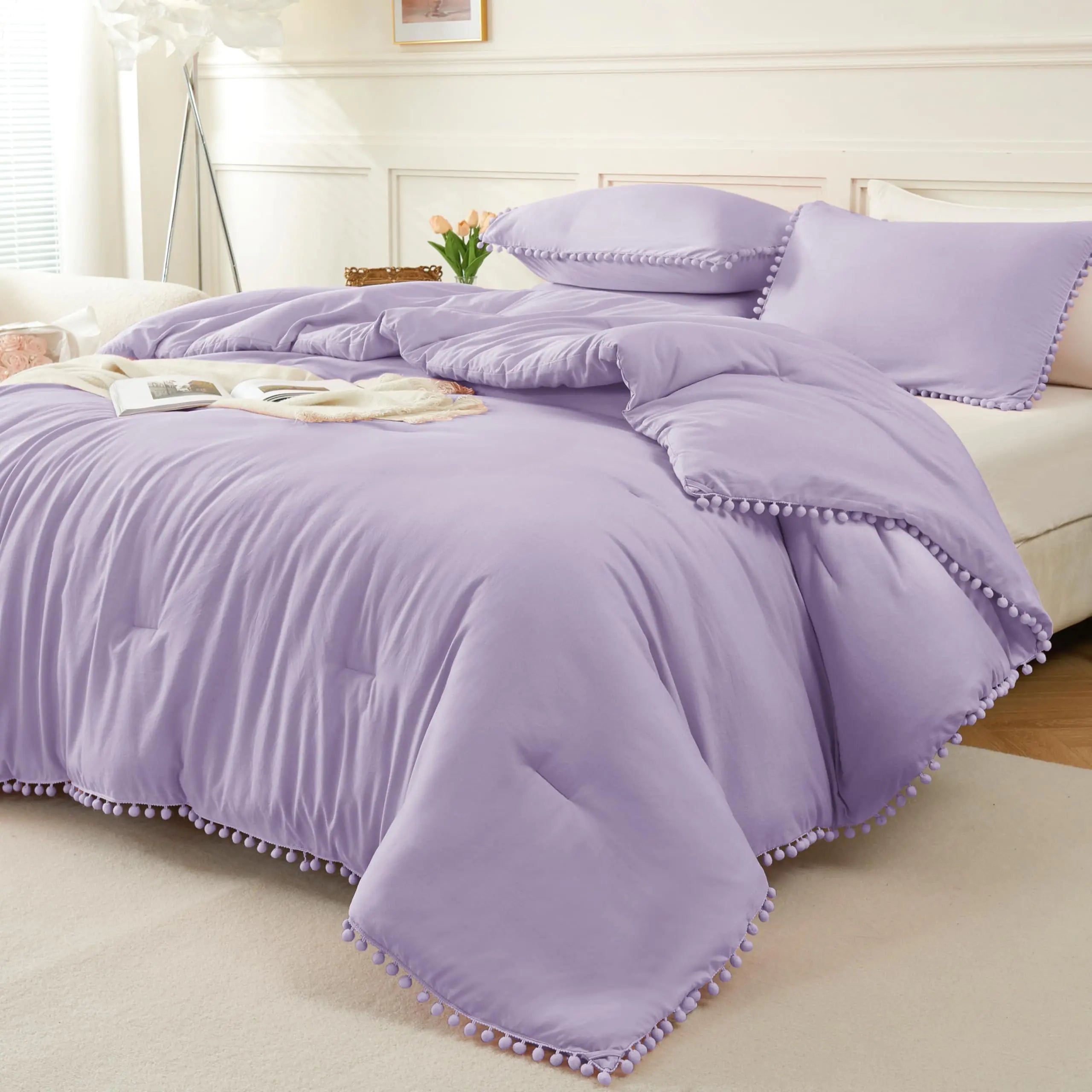 Litanika Queen Size Comforter Set Lavender Purple3 Pieces Lavender Purple Boho Pom Pom Lightweight Bed Comforter All Season Soft Bedding Comforter Sets (1 Comforter 90x90 Inch 2 Pillowcases)