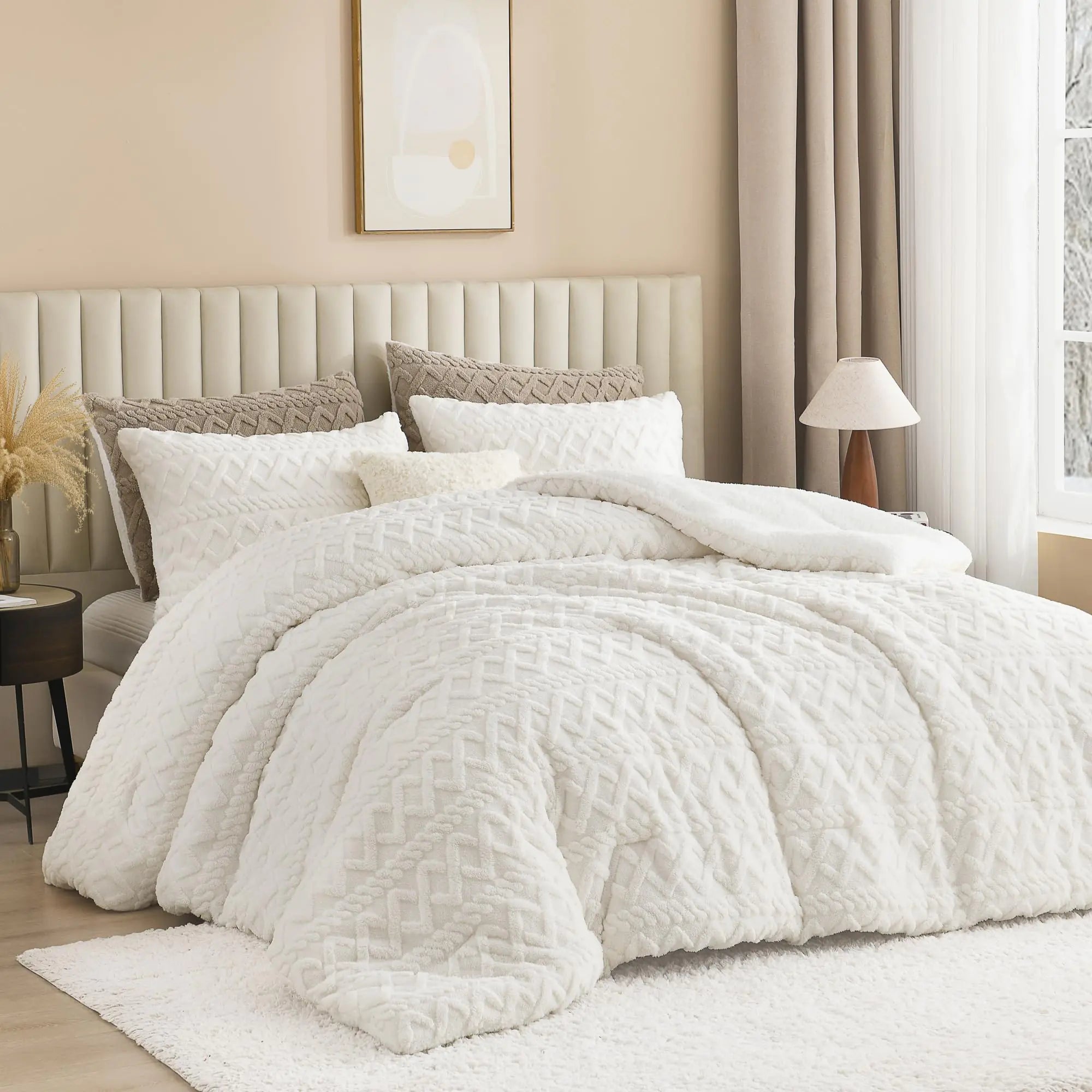Andency Fluffy Sherpa Full Comforter Set Super Soft White Fleece Warm Bedding for Winter Luxury Jacquard Boho Thick Fuzzy Plush Bed Set 3 Pieces(1 Shaggy Comforter 2 Pillowcases)