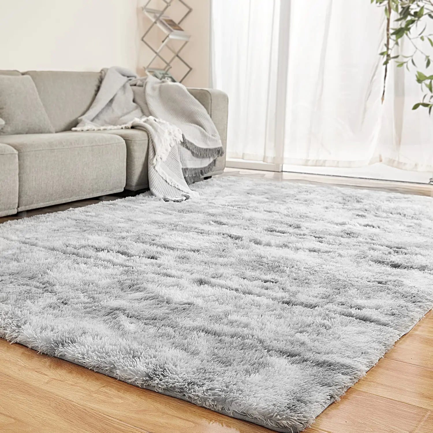 LFHHT Fluffy 5x7 Shag Area Rugs for Bedroom Plush Fuzzy Shaggy Carpet Rugs for Living Room Classroom Nursery Home Decor Tie-Dyed Light Grey Anti-Skid Rugs for Kids Girls Boys