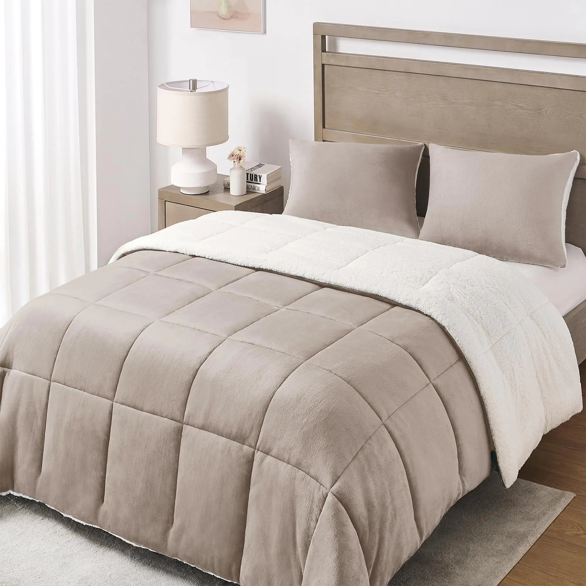 Basic Beyond Queen Comforter Set - Luxury Fleece Sherpa Comforter Sets for Queen Bed Soft and Warm Queen Size Bedding Comforter Set for Winter Sand 88"x88"