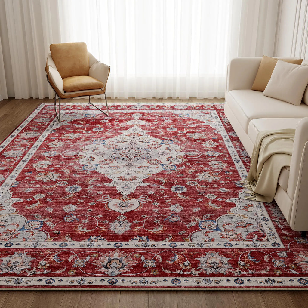 DUKINO 3x5 Area Rugs Non Slip Distressed Living Room Rugs Soft Washable Area Rugs with Low Pile & No Shedding Faux Wool Rugs for Bedroom Aesthetic Home Decor Dining Room Red