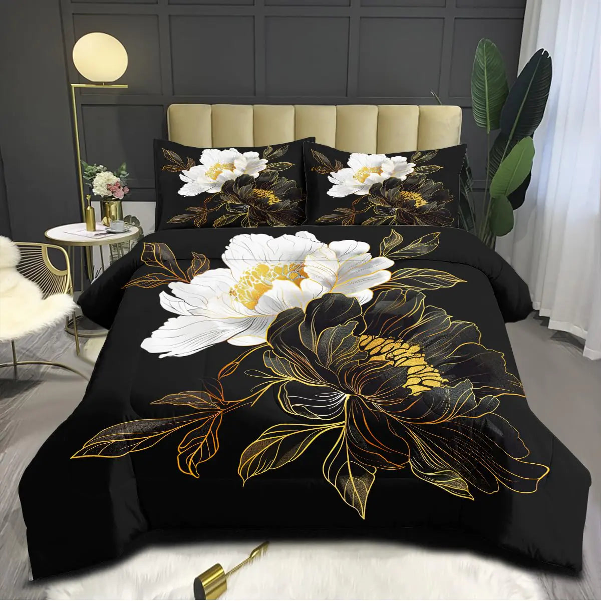 CCoutueChen Black White Floral Comforter Set Twin Size Vintage Floral Bedding Set for Women Men Botanical Flower Comforter Ultra Soft Lightweight Flowers Down Comforter Sets with 1 Pillowcase