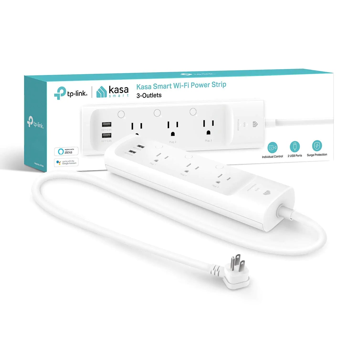 Kasa Smart Plug Power Strip KP303 Surge Protector with 3 Individually Controlled Smart Outlets and 2 USB Ports Works with Alexa & Google Home No Hub Required  White