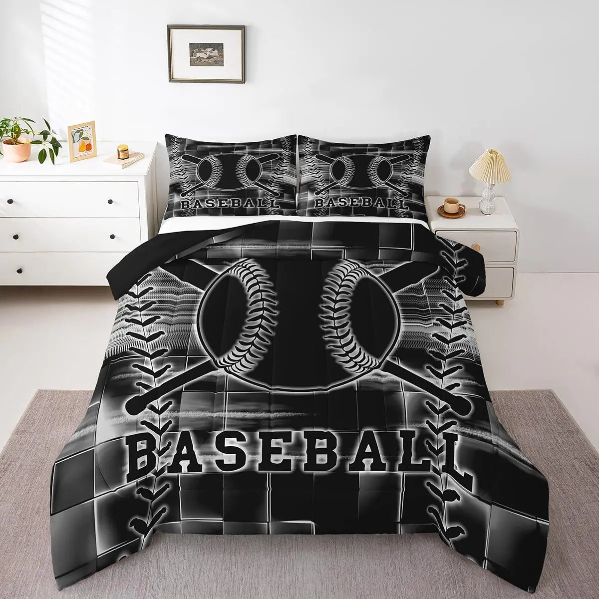 Feelyou Baseball Bedding Set Toddler Size Black and White Comforter Set for Kids Boys Girls Decor Baseball Gaming Comforter Ombre Honeycomb Duvet Set
