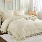 Dintszyayue Beige Queen Comforter Set3 Pieces Ruffle Comforter Sets Shabby Chic Bedding Sets Soft Comforter for Queen BedAll Season Fluffy Bedding Comforter Set with 1 Comforter and 2 Pillowcases