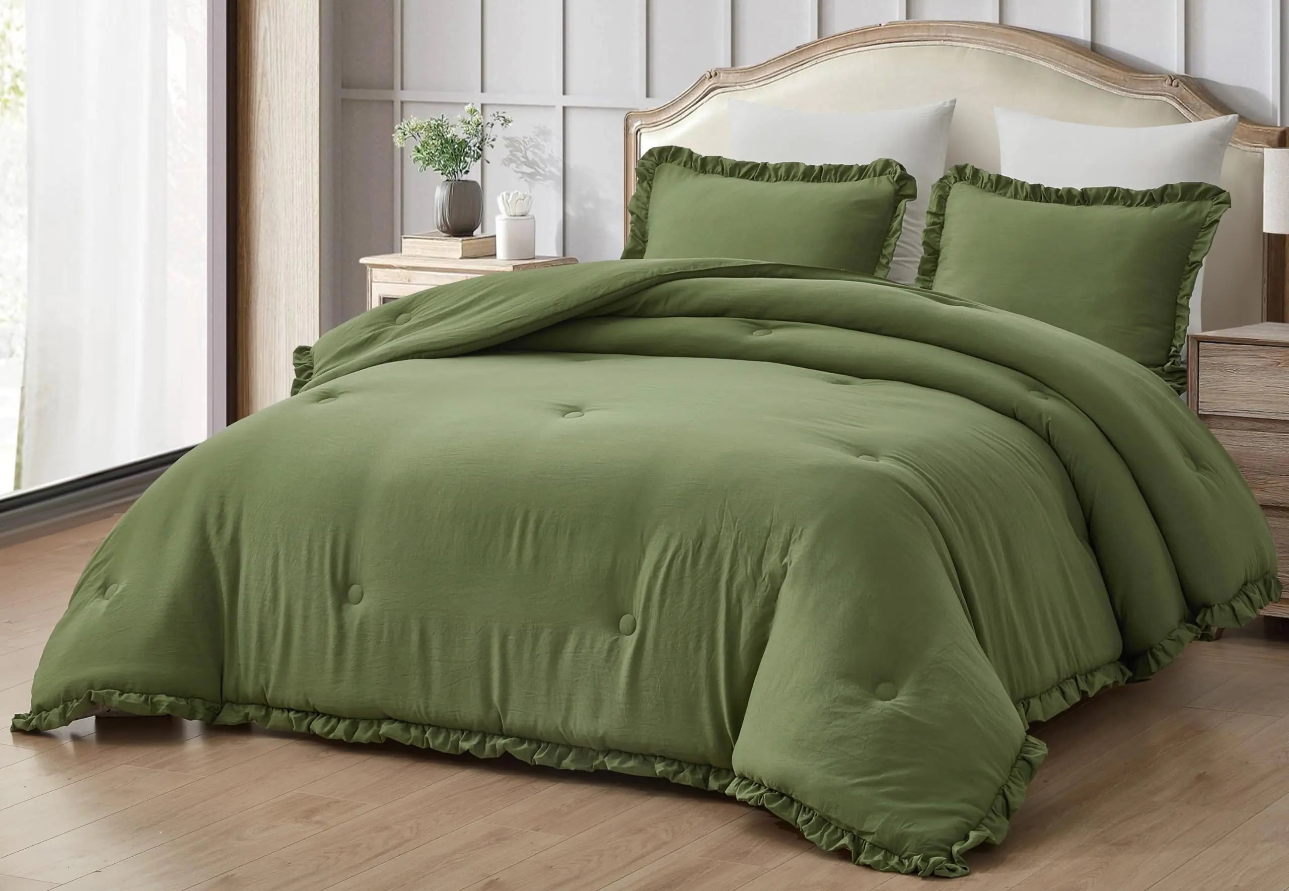 Chezmoi Collection Nora Olive Green Comforter Set Queen Size 3-Piece Lightweight Fluffy Soft Lightweight Bedding Ruffled Edge Trim Stone-Washed Microfiber Comforter Set for All Season