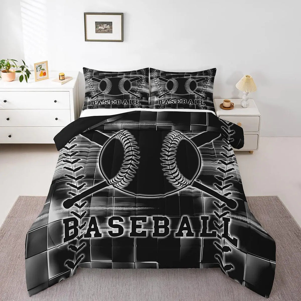 Feelyou Baseball Bedding Set Toddler Size Black and White Comforter Set for Kids Boys Girls Decor Baseball Gaming Comforter Ombre Honeycomb Duvet Set