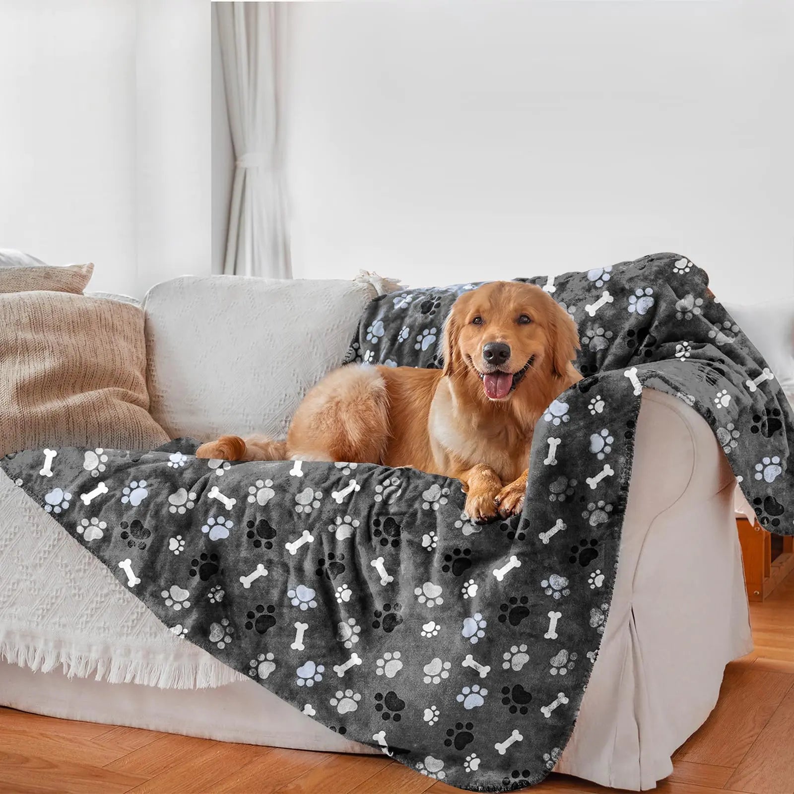 AIWEK Waterproof Dog Blanket Pattern Printing Super Soft Warm Fluffy Facecloth Sofa Car Bed Protector Urine Proof Washable Outdoor Pet Blanket for Puppy Large Dogs & Cats(paw & Bone80*60)