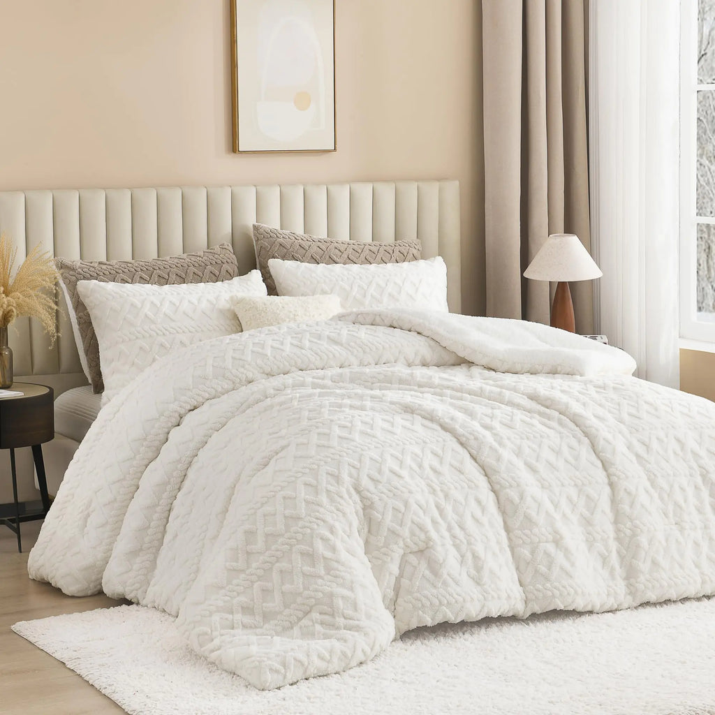 Andency Fluffy Sherpa Full Comforter Set Super Soft White Fleece Warm Bedding for Winter Luxury Jacquard Boho Thick Fuzzy Plush Bed Set 3 Pieces(1 Shaggy Comforter 2 Pillowcases)