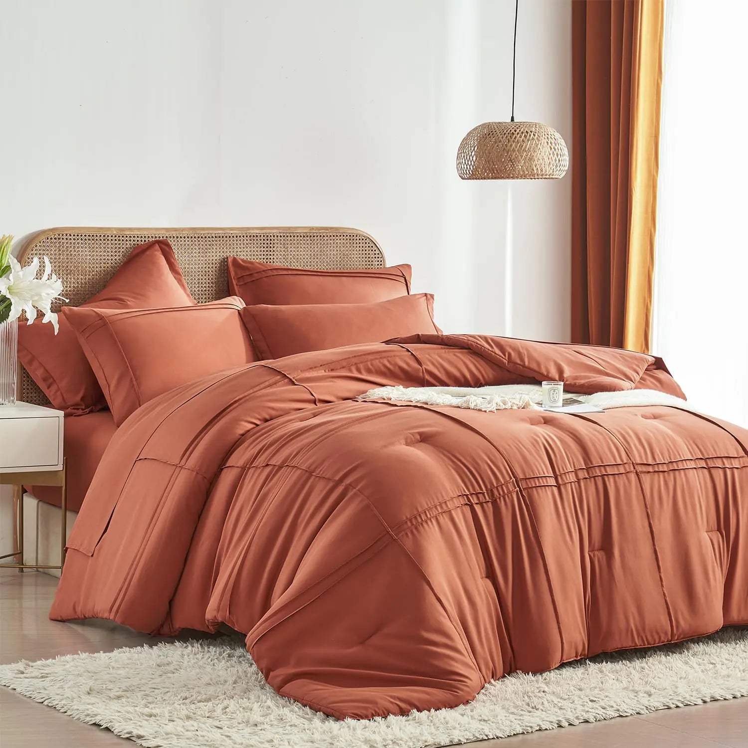 Yogeneg Queen Comforter Set 7 Piece Bed in a BagGrid Pinch Pleat Terracotta Bedding SetStriped Textured Soft Microfiber Comforter with Sheet SetAll Season Complete Bed Set(TerracottaQueen)