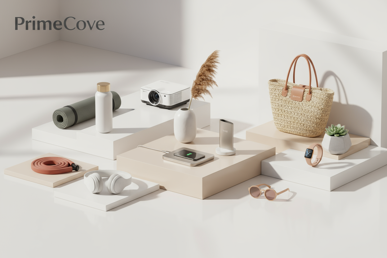 a modern, high end e-commerce homepage banner for "PrimeCove". showcases a collection of trending lifestyle and tech products- minimalist jome decor, fitness gear, and stylish accessories- arranged on clean white and beige surfaces with soft studio lighting. include subtle product shadows and reflections for realism. add a faint, elegant "PrimeCove" logo or text at the center or top corner. the design should feel premium, trustworthy, and ready for online store. emphasize clean composition,netural color pal