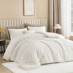 Andency Fluffy Sherpa Full Comforter Set Super Soft White Fleece Warm Bedding for Winter Luxury Jacquard Boho Thick Fuzzy Plush Bed Set 3 Pieces(1 Shaggy Comforter 2 Pillowcases)