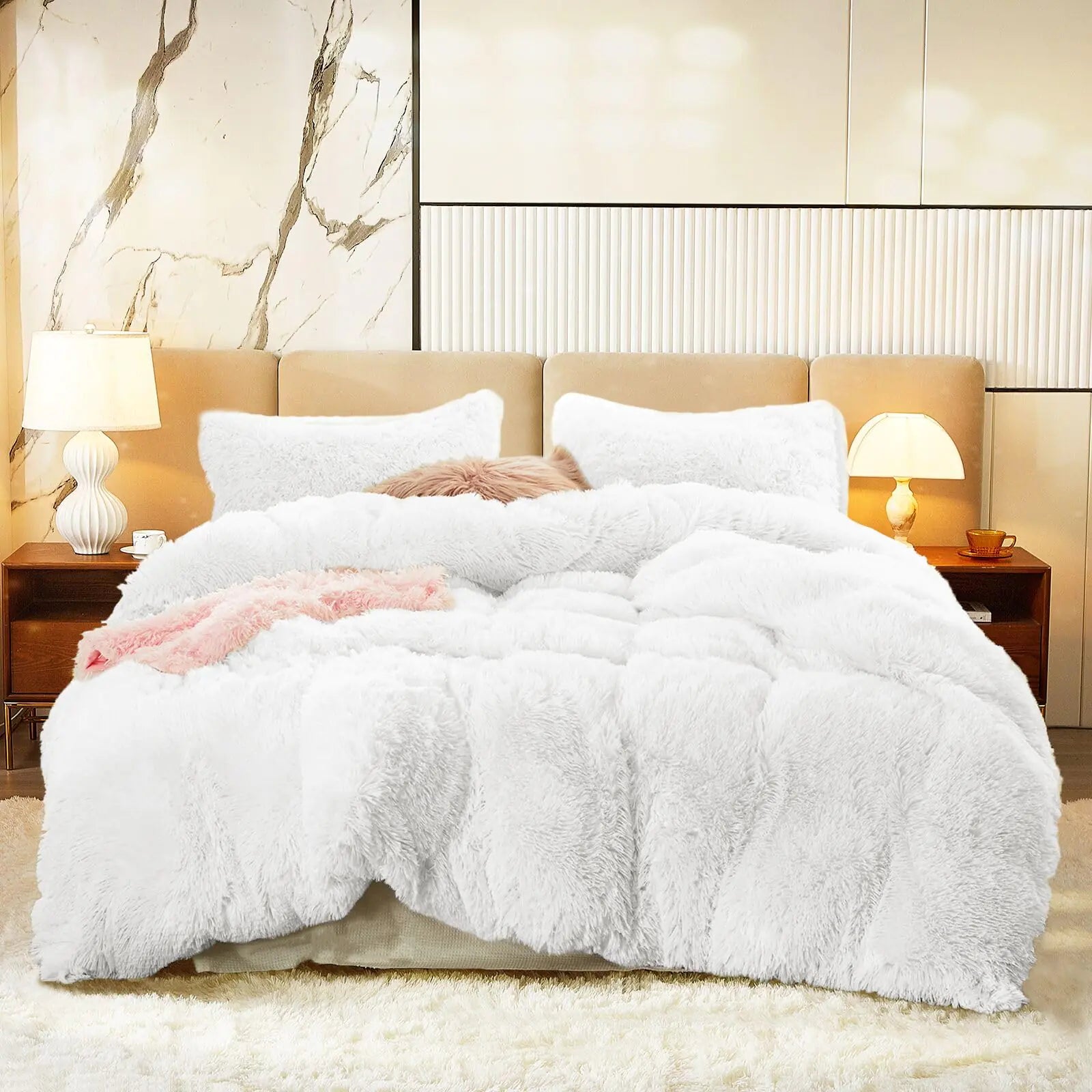 Luxury Faux Fur Shaggy Comforter Set Twin Size Plush & Sherpa Reversible Comforter White 3 Pieces Fluffy Fuzzy Bedding Set Ultra Soft and Warm for Kids (1 Comforter + 2 Pillowcases)