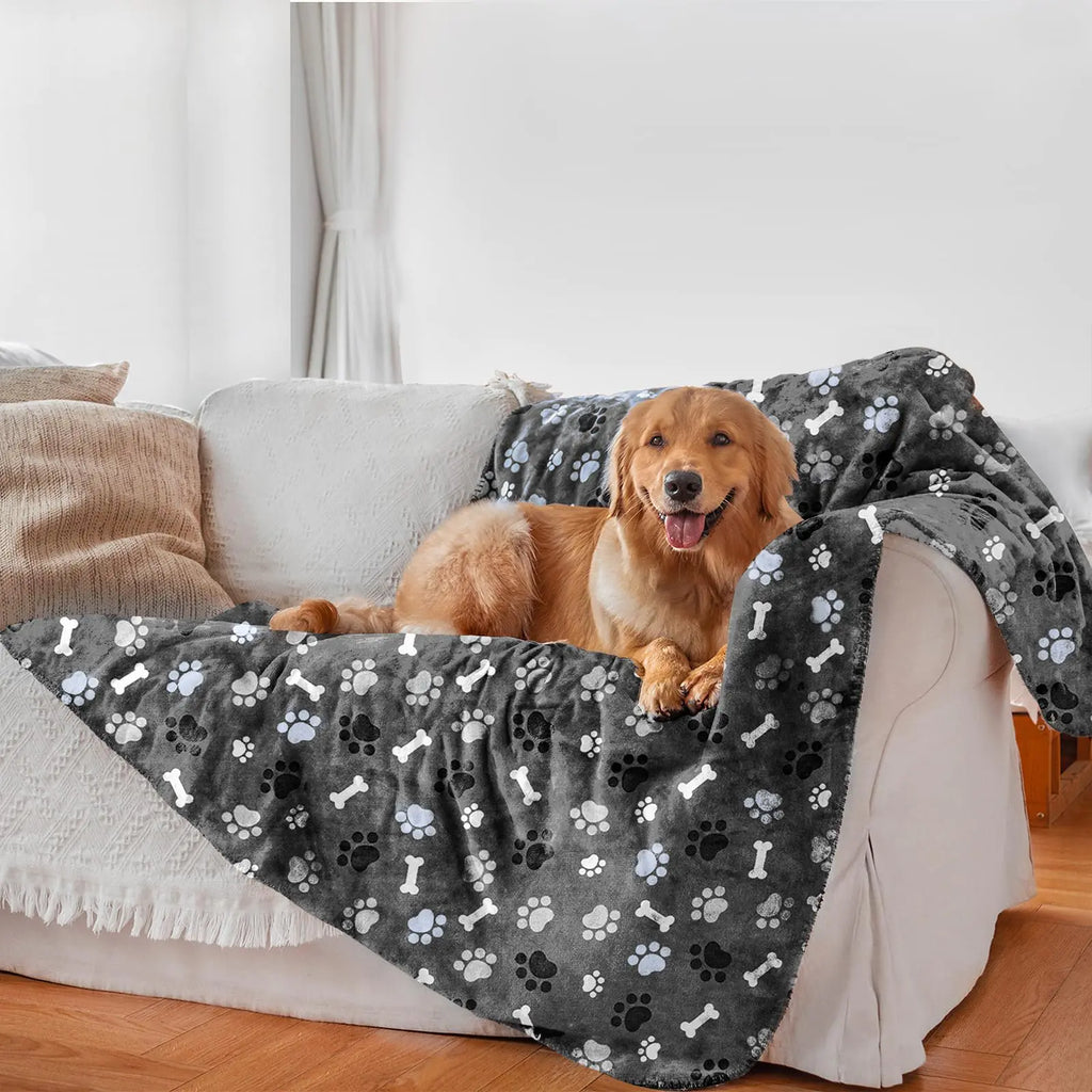 AIWEK Waterproof Dog Blanket Pattern Printing Super Soft Warm Fluffy Facecloth Sofa Car Bed Protector Urine Proof Washable Outdoor Pet Blanket for Puppy Large Dogs & Cats(paw & Bone80*60)