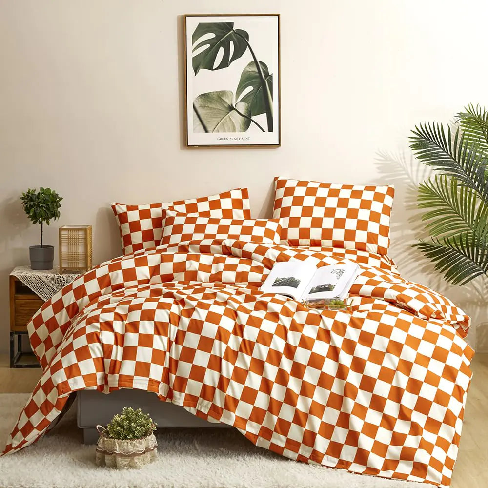 CLOTHKNOW Rust Plaid King Comforter Set 3Pcs Burnt Orange Grid Bedding Comforter Sets Caramel Comforter King Checker King Size Comforter Set