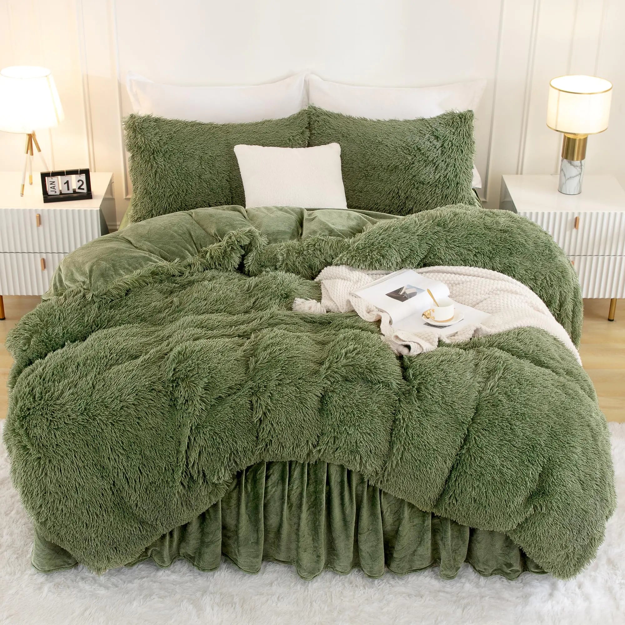 Andency Faux Fur Sage Green Comforter Set Queen Size 3 Pieces Fluffy Fuzzy Plush Bedding Comforter Set (1 Shaggy Velvet Comforter & 2 Pillowcases) Soft Puffy Comfy Down Comforter Bedding Set