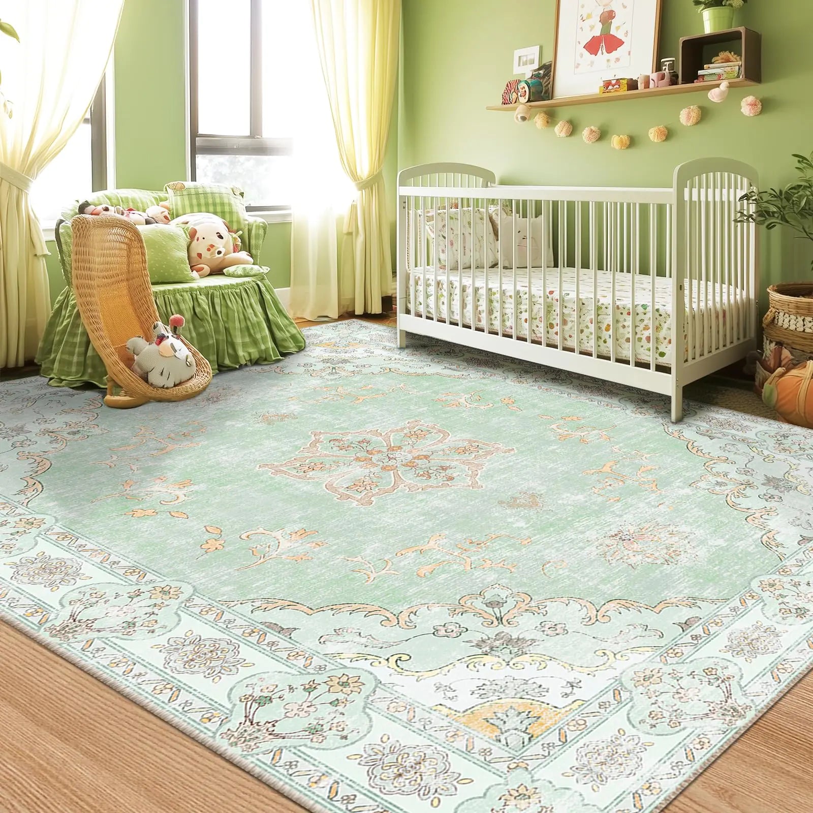 meejou 6x9 Area Rugs Soft Floral Print Rugs Machine Washable Rugs with Non-Slip Backing Water Repellent Rugs Indoor Carpet for Playroom Bedroom Sage Green